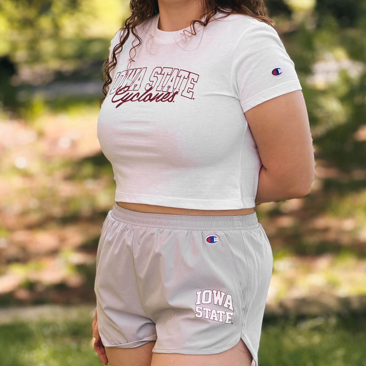 Champion Women's Iowa State Cyclones White Short Sleeve Baby Tee left sleeve